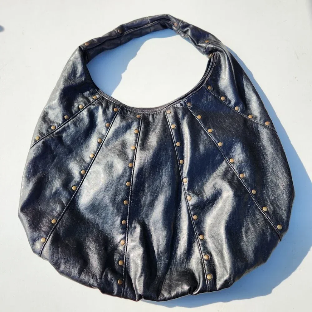 Black Faux Leather Ruched Studded Studs Oversize Slouch Hobo Shoulder Bag Lined